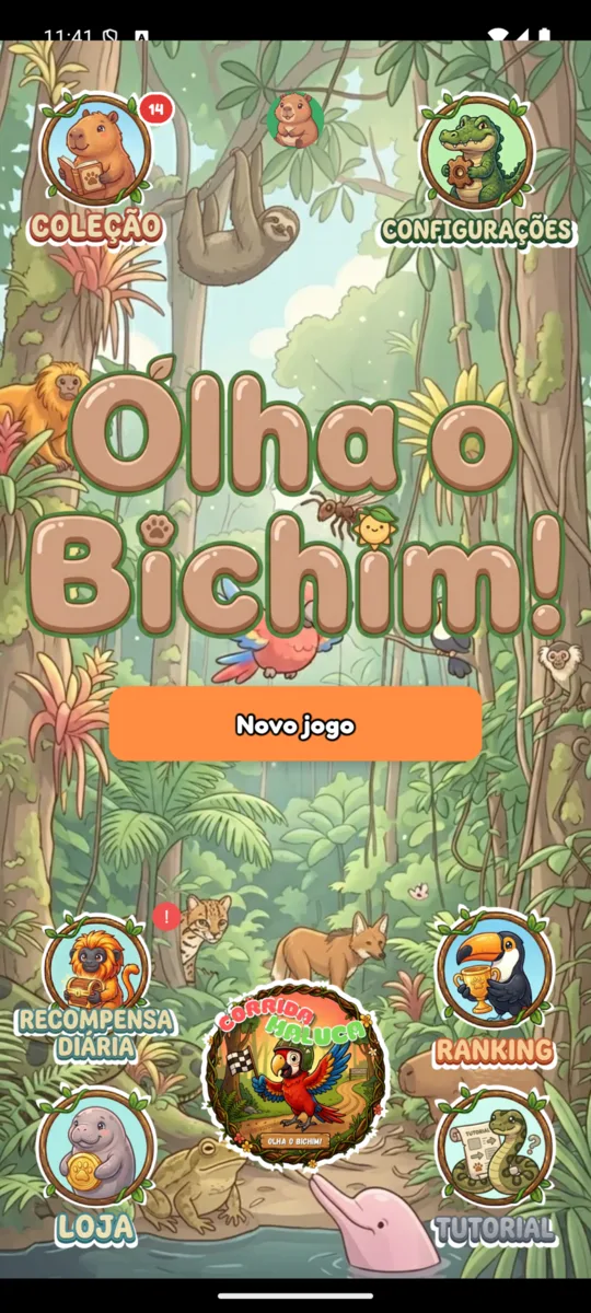Tela inicial do Olha o Bichim com o título em letras alaranjadas sobre uma floresta e os botões Novo jogo, Coleção, Ranking, Loja e Recompensa Diária