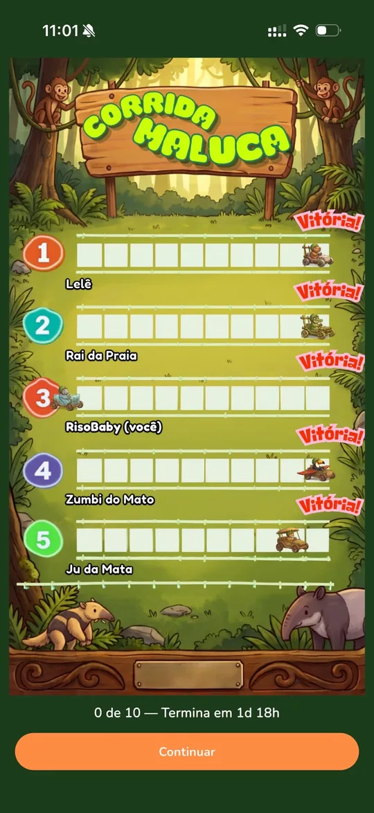 Evento Corrida Maluca com cinco pilotos em disputa, marcações de vitória e contagem regressiva para o fim do episódio