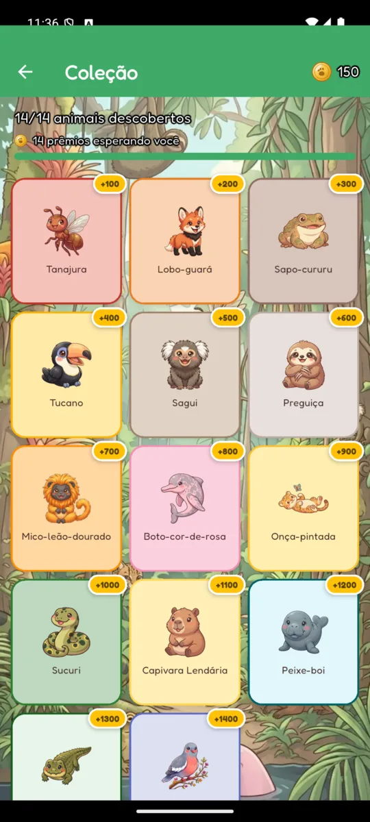 Álbum de coleção com Tanajura, Lobo-guará, Sapo-cururu, Tucano, Sagui, Preguiça, Mico-leão-dourado, Boto-cor-de-rosa, Onça-pintada, Sucuri, Capivara Lendária e Peixe-boi desbloqueados